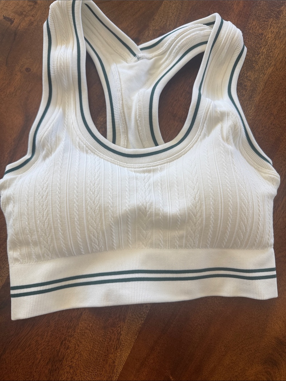 all in motion White racerback sports bra with green trim